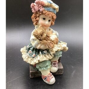Vintage Resin Little‎ Girl In Blue Dress With Teddy Bear Figurine- 5.5" tall